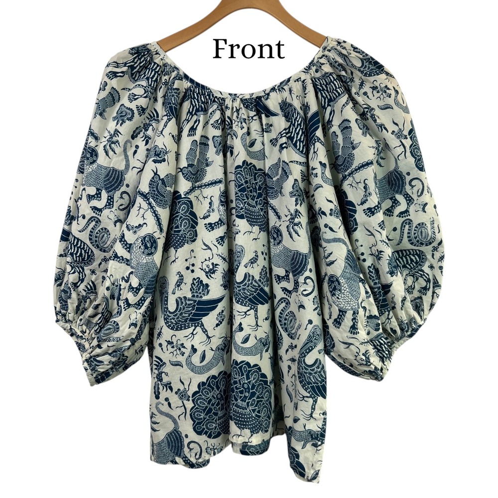 RHODE Sariska Safari 100% Cotton Block Print Puff Sleeve Blouse Blue White M